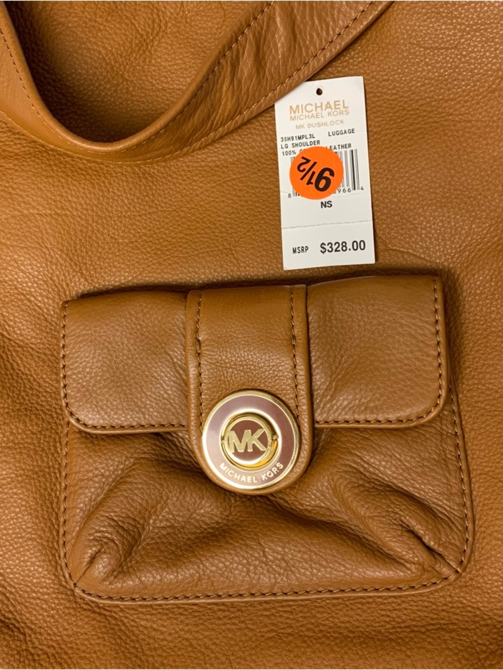 Michael Kors Pushlock Pebbled Leather cognac brown shoulder tote hobo purse